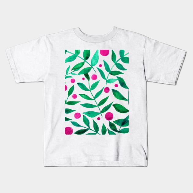 Watercolor branches and berries - green and pink Kids T-Shirt by wackapacka